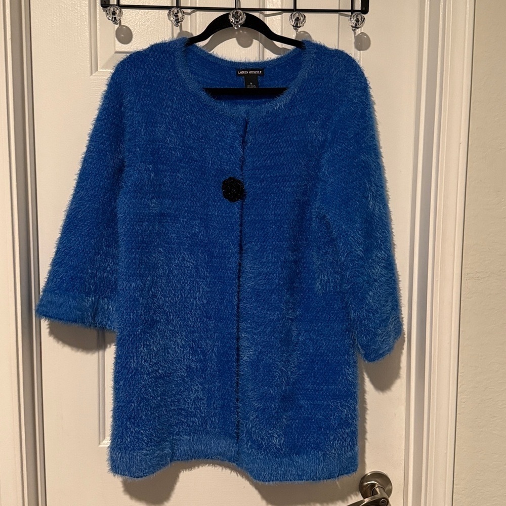 Women’s Lauren Michelle Sweater Knit Open Front Buttons Blue Silver Sz Medium